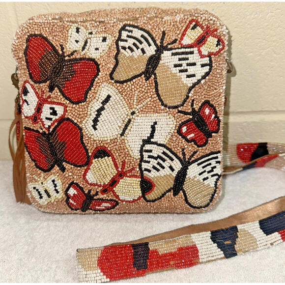 Moyna Handbags - Moyna Colorful Beaded Butterfly Pattern Crossbody(very long strap) Purse Bag